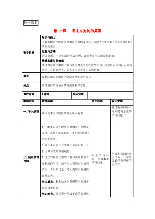 2018九年级历史上册第六单元资本主义制度的初步确立第17课君主立宪制的英国教案新人教版
