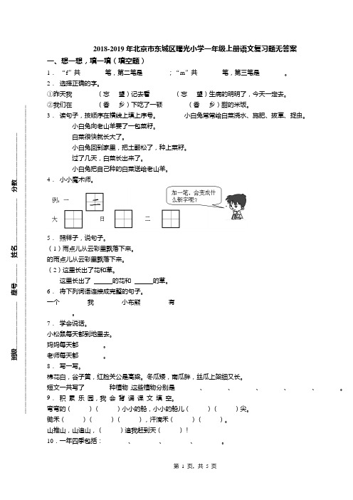 2018-2019年北京市东城区曙光小学一年级上册语文复习题无答案(1)