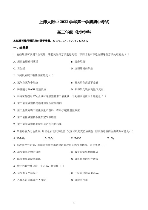 2022-2023学年上师大附中高三上期中考化学试卷