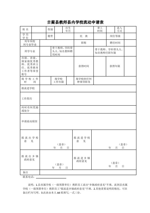 古蔺县教师县内学校流动申请表(古蔺县县内教师调动申请表)