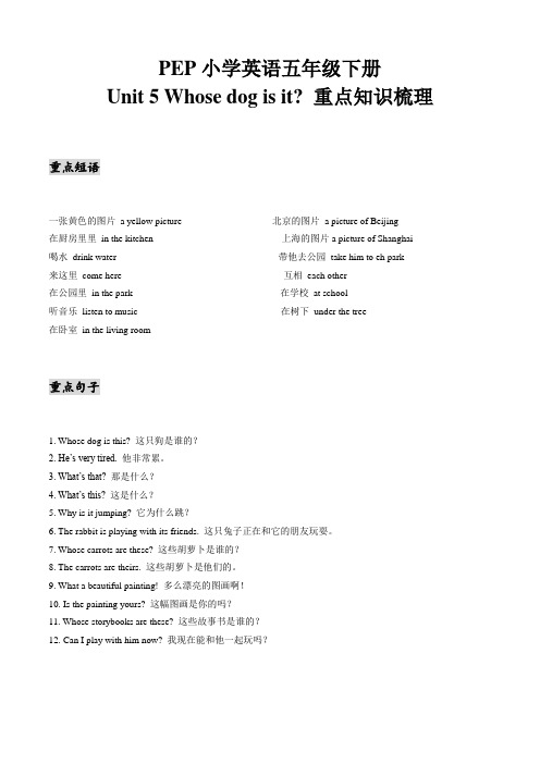 最新版PEP小学英语五年级下册unit 5 whose dog is it 重点知识整理