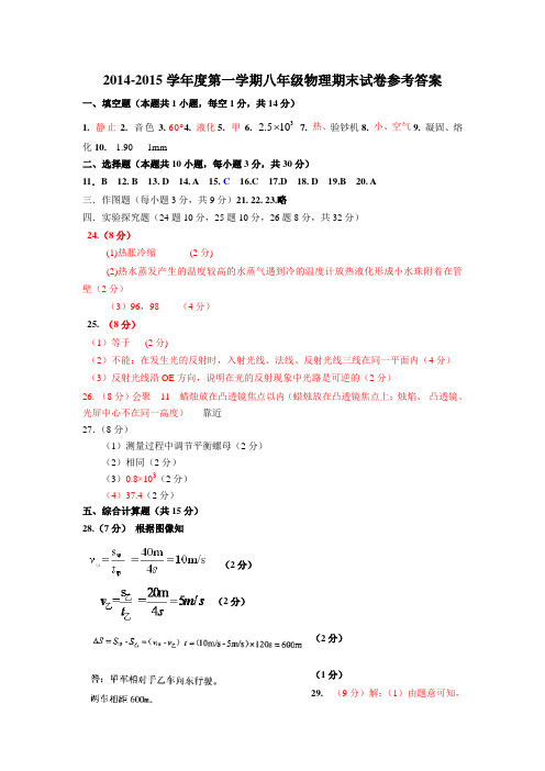 2014-2015学年度第一学期八年级物理期末试卷参考答案