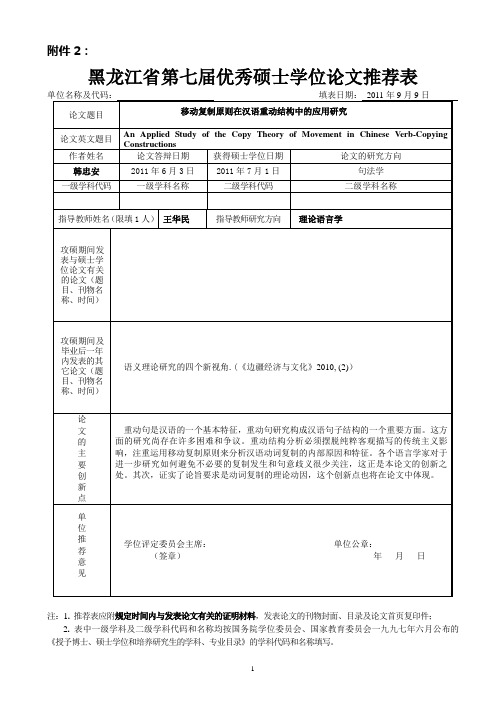 黑龙江省第七届优秀硕士学位论文推荐表(韩忠安)