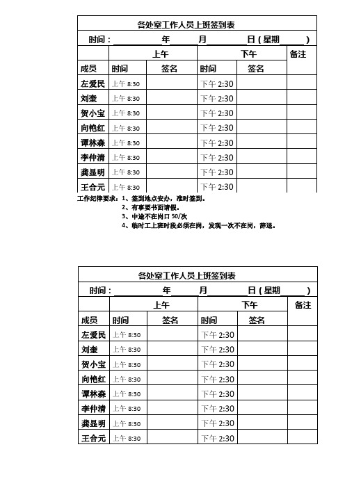 各处室工作人员上班签到表