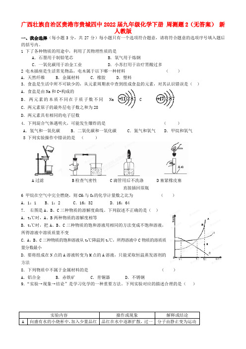 广西壮族自治区贵港市贵城四中2022届九年级化学下册 周测题2新人教版