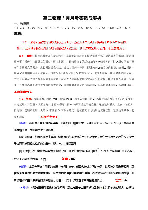 2012-2013学年度第二学期实验高中学校3月月考试卷——高二物理答案与解析