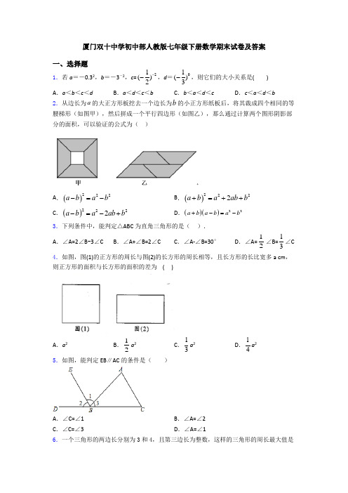 厦门双十中学初中部人教版七年级下册数学期末试卷及答案