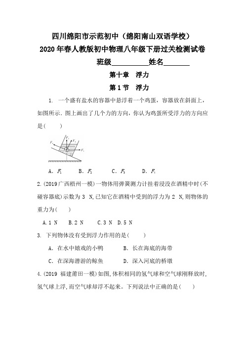 四川省绵阳南山双语学校2020年春人教版初中物理八年级下册过关检测试卷附答案