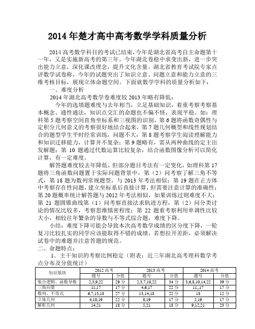 2014年湖北高考数学试卷分析与2015年高考复习规划