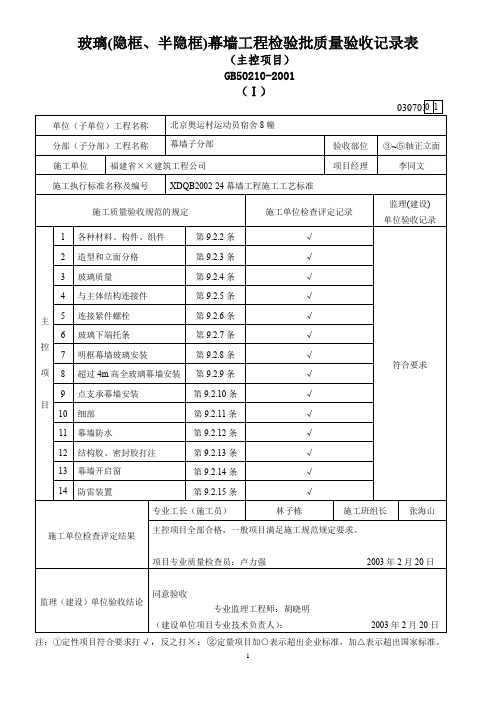 玻璃(隐框、半隐框)幕墙工程检验批质量验收记录表
