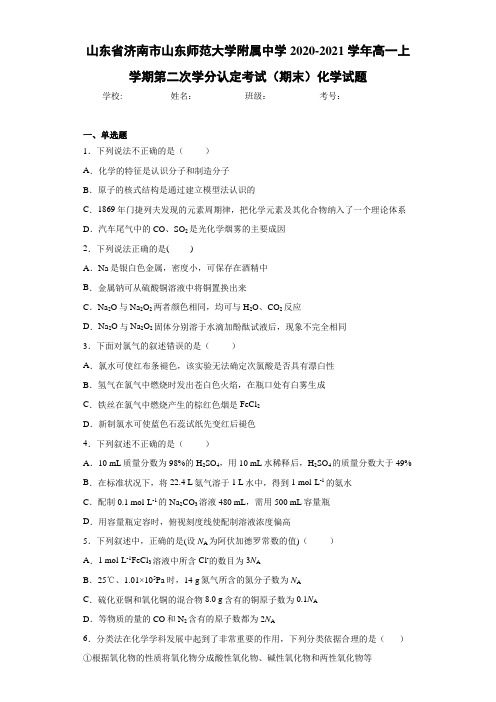 高一上学期第二次学分认定考试(期末)化学试题