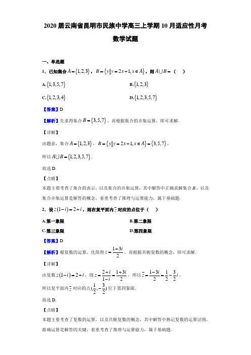 2020届云南省昆明市民族中学高三上学期10月适应性月考数学试题