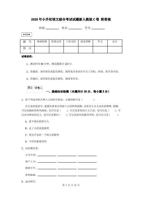 2020年小升初语文综合考试试题新人教版C卷 附答案