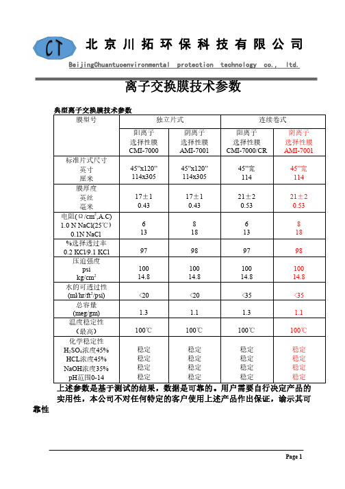 MI离子交换膜技术参数