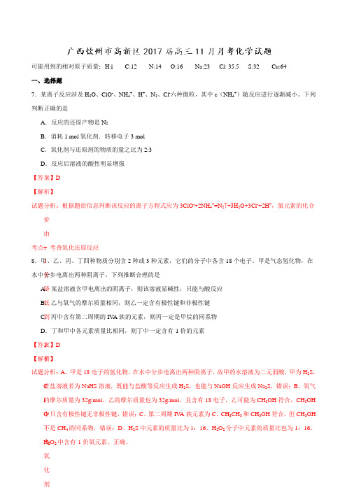 广西钦州市高新区2017届高三11月月考化学(解析版)
