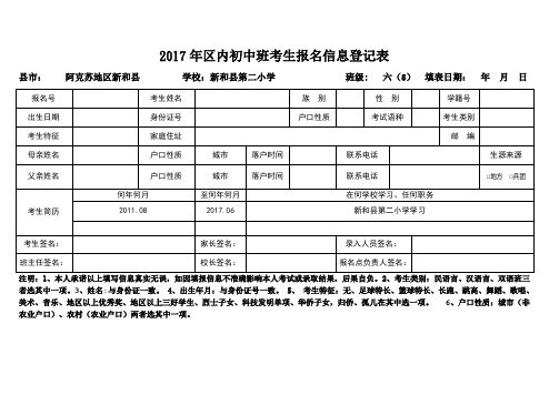 2017年内初班考生报名信息登记表 (7)空表