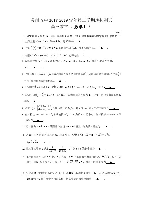 江苏省苏州市第五中学2019届高三下学期开学考试数学试题(含答案)