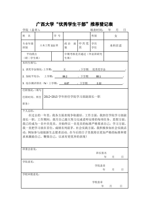 “优秀学生干部”推荐登记表
