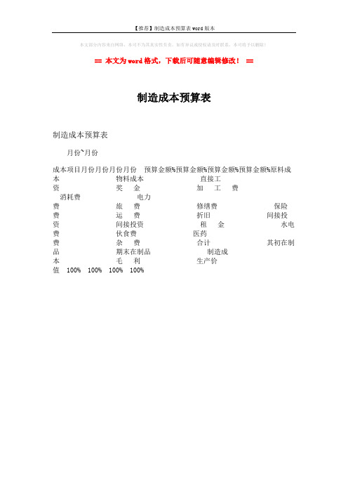 【推荐】制造成本预算表word版本 (1页)