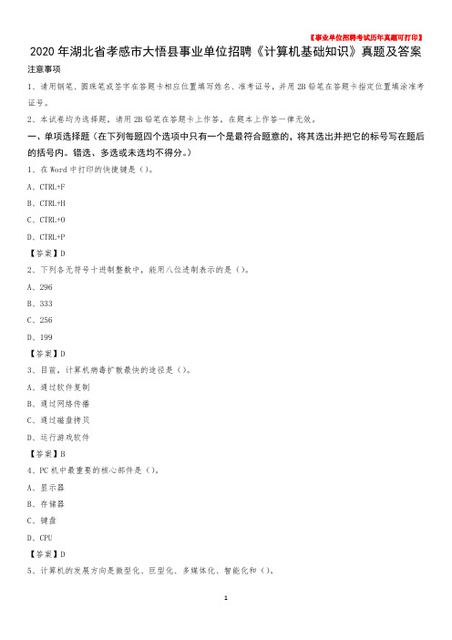 2020年湖北省孝感市大悟县事业单位招聘《计算机基础知识》真题及答案