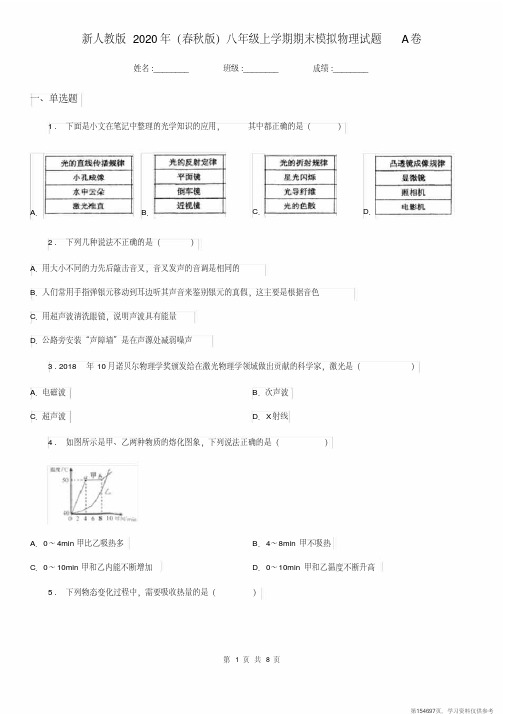 (精品文档)新人教版2020年(春秋版)八年级上学期期末模拟物理试题A卷
