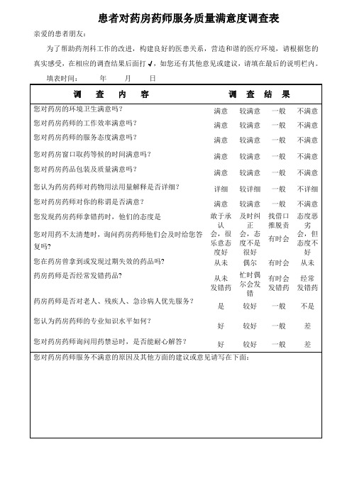患者对药房药师服务质量满意度调查表
