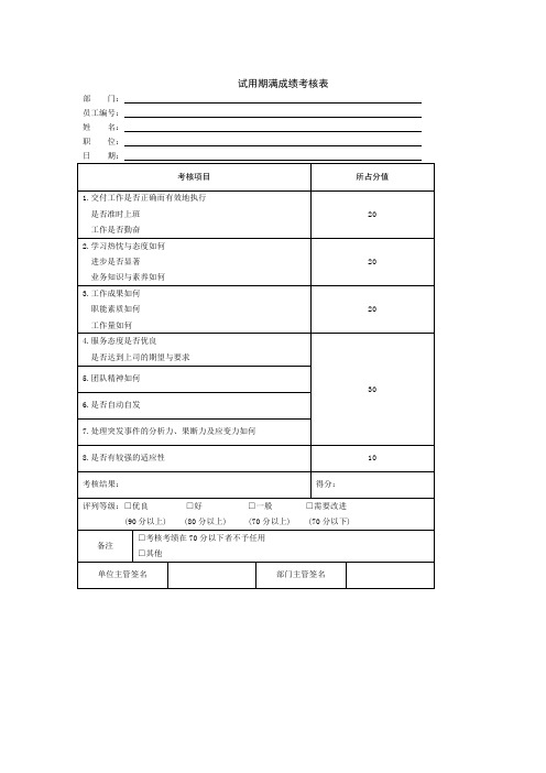 试用期满成绩考核表