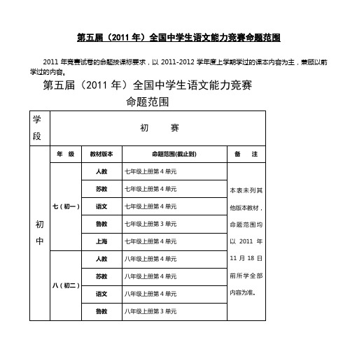 第五届(2011年)全国中学生语文能力竞赛命题范围