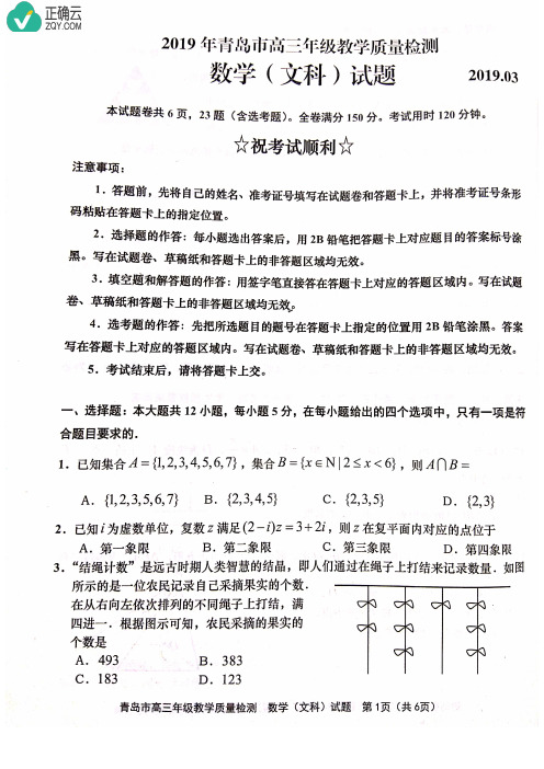 山东省青岛市2019届高三一模考试数学(文)试卷(PDF版)