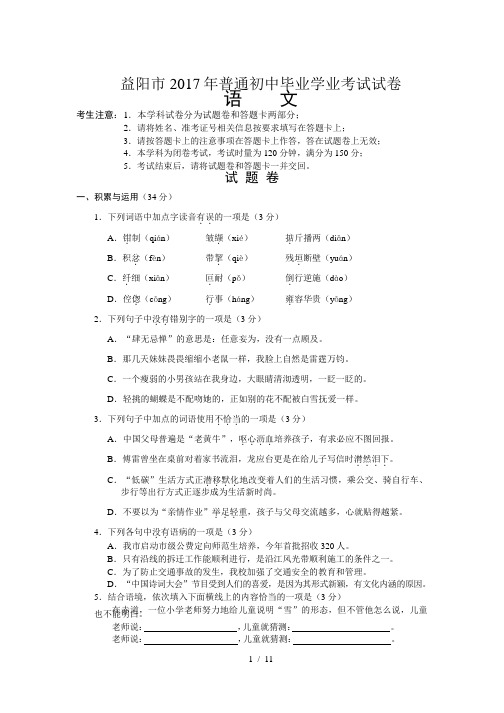 益阳市2017年普通初中毕业学业考试试卷