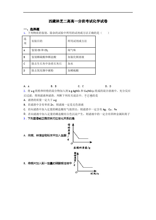 西藏林芝二高高一分班考试化学试卷