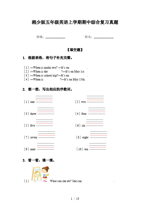 湘少版五年级英语上学期期中综合复习真题