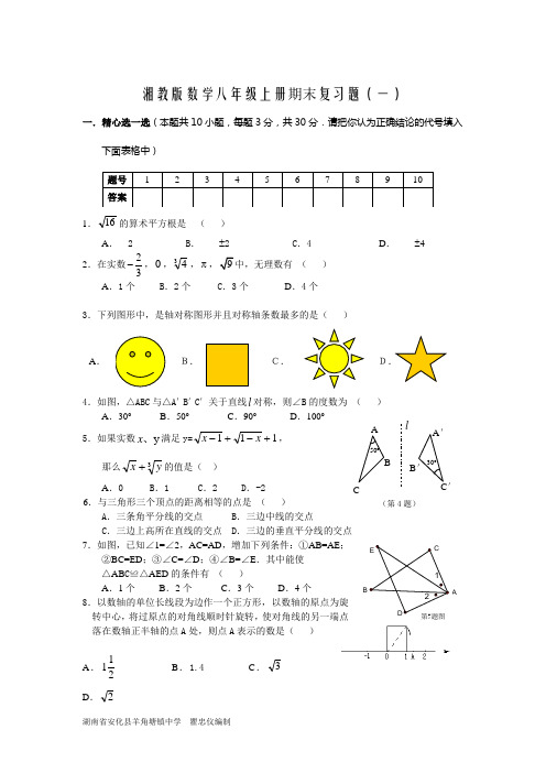 湘教版数学八年级上册期末复习题(一、二、答案)