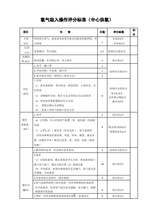 最新氧气吸入操作评分标准(中心供氧)