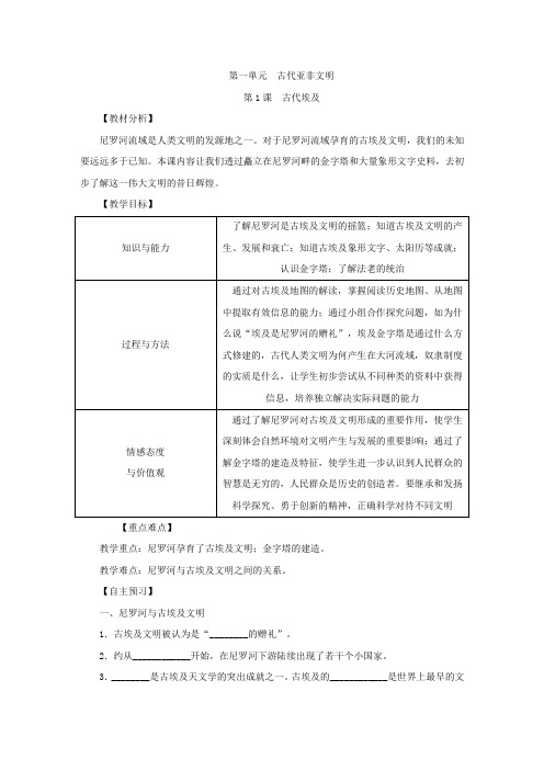 人教版九年级上册 历史：第1课  古代埃及教案教学设计