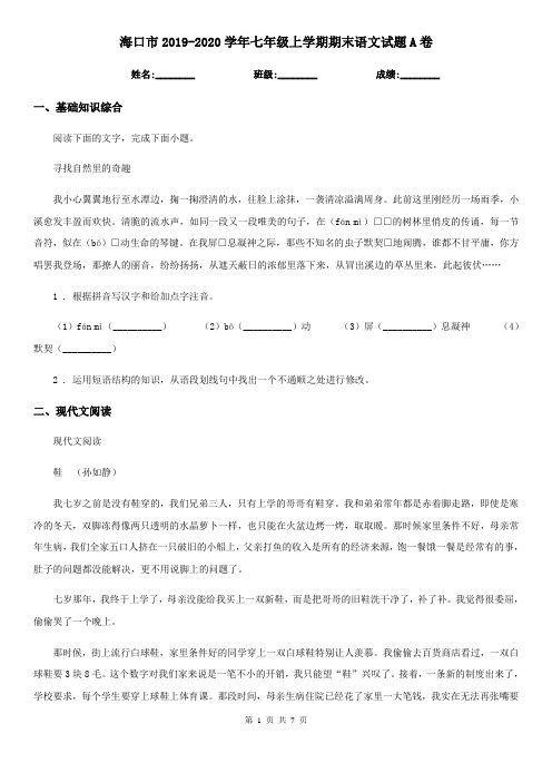 海口市2019-2020学年七年级上学期期末语文试题A卷