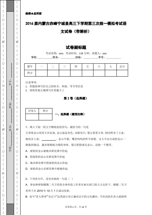 2016届内蒙古赤峰宁城县高三下学期第三次统一模拟考试语文试卷(带解析)