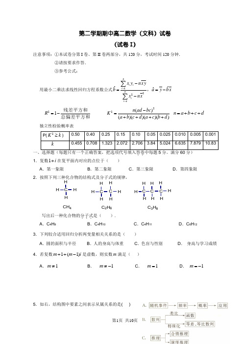 第二学期期中高二数学(文科)试卷有答案
