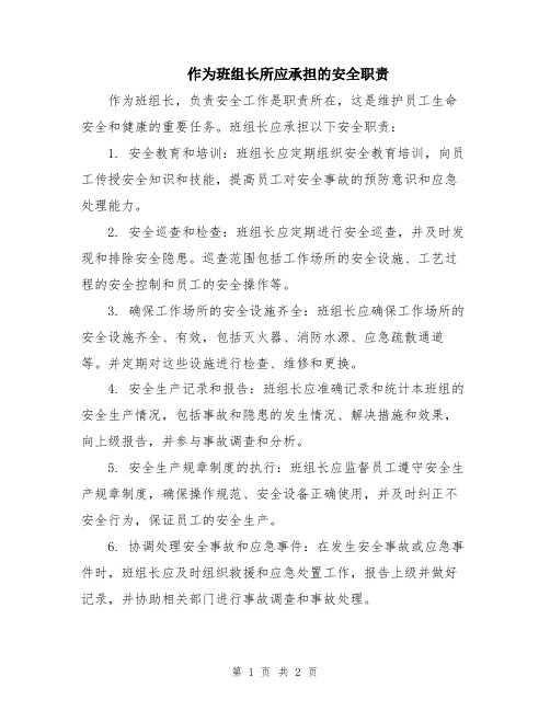 作为班组长所应承担的安全职责