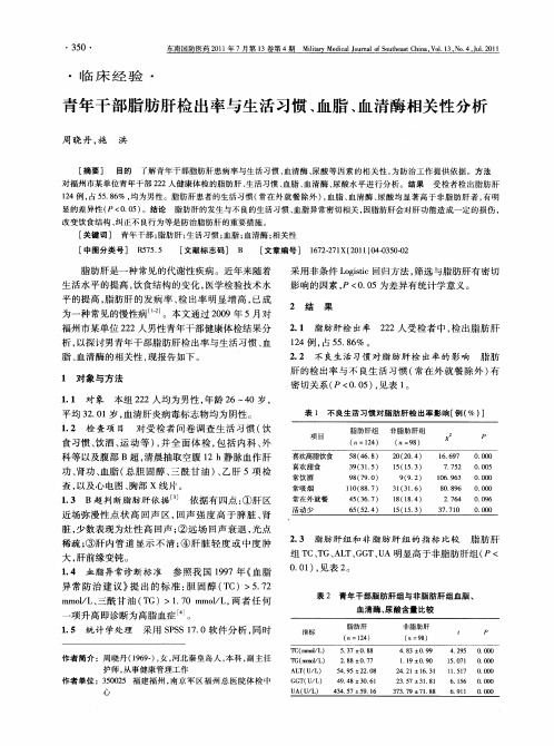 青年干部脂肪肝检出率与生活习惯、血脂、血清酶相关性分析