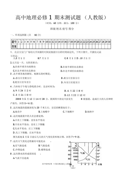 (完整版)高中地理必修一期末试卷(含答案)