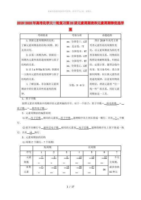 2019-2020年高考化学大一轮复习第20讲元素周期表和元素周期律优选学案