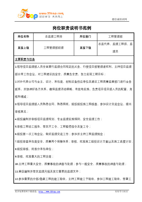 总监理工程师岗位职责说明书