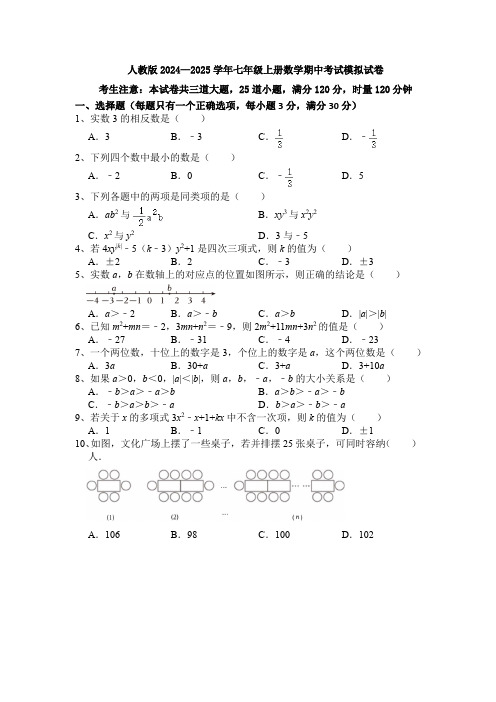 〖数学〗人教版2024—2025学年七年级上册数学期中考试模拟试卷