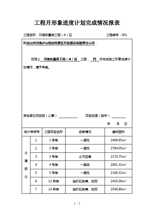 工程月形象进度计划完成情况报表
