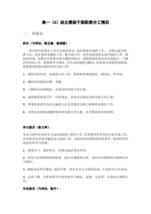 高中主要班干部职责分工情况