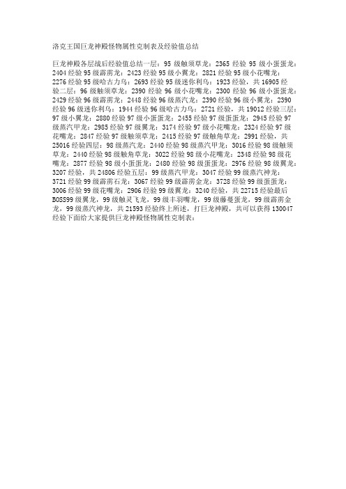 洛克王国巨龙神殿怪物属性克制表及经验值总结