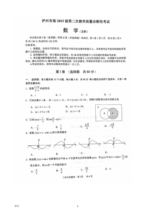 2018届四川省泸州市高三第二次教学质量诊断性考试数学文试题(扫描版,有答案)
