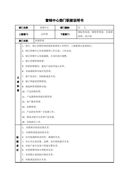 营销中心部门职能说明书