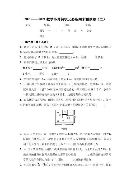 2020-2021数学小升初状元必备期末测试卷(二)  